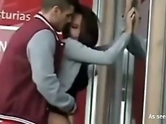 Horn-mad amateur couple fucks right in the public roof cafe