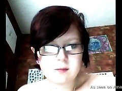 Nerdy short haired chubby webcam nympho in glasses tickles her twat